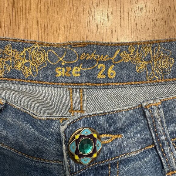 Desigual Ethnic Embroidered Jeans Boho Patchwork Denim Size 26 Hippie Zip Ankle - Picture 12 of 14